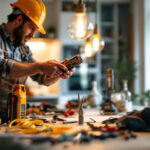 A photograph of a lighting contractor in action