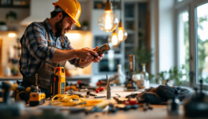 A photograph of a lighting contractor in action