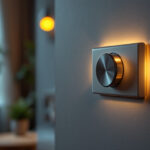 A photograph of a lighting contractor adjusting a stylish dimmer light switch in a modern home setting