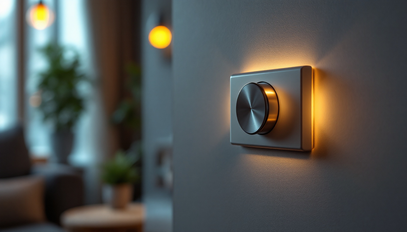 A photograph of a lighting contractor adjusting a stylish dimmer light switch in a modern home setting