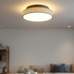 A photograph of a stylish flush mount light fixture installed in a modern home setting
