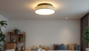 A photograph of a stylish flush mount light fixture installed in a modern home setting
