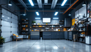A photograph of a well-lit garage showcasing modern led lighting fixtures in use