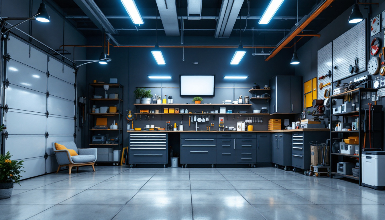 A photograph of a well-lit garage showcasing modern led lighting fixtures in use