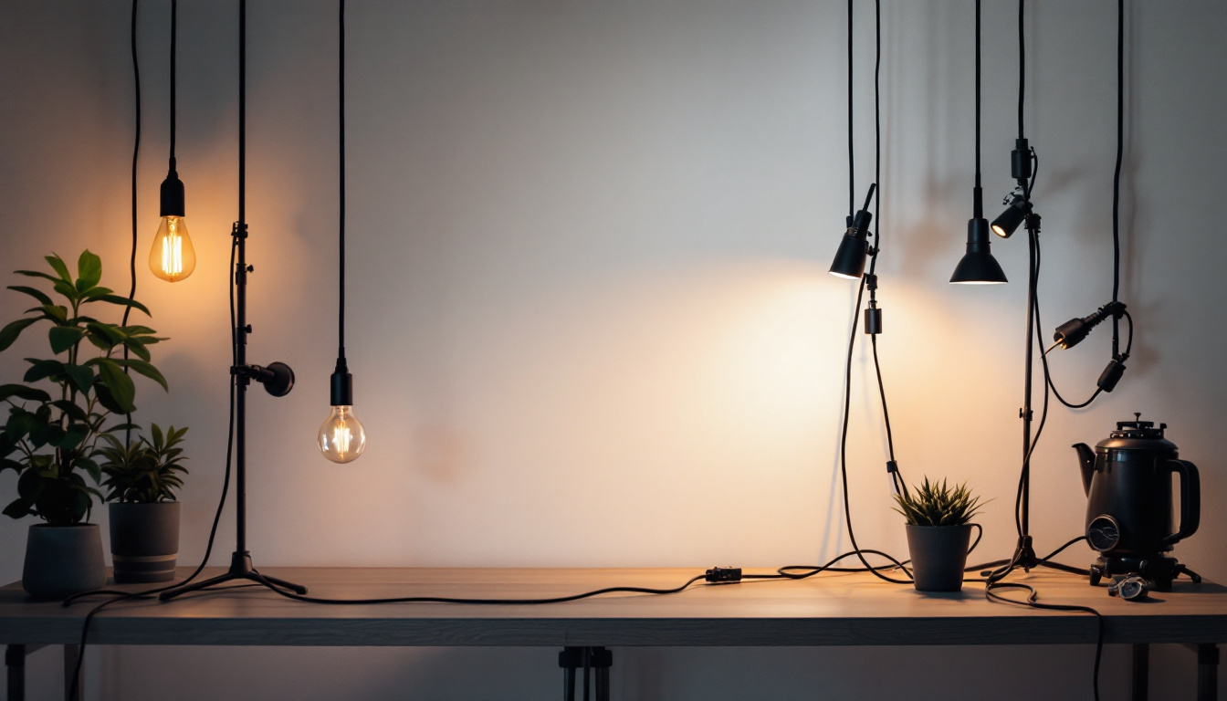 A photograph of a modern lighting setup featuring various power cables