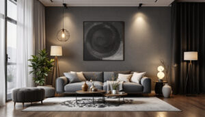 A photograph of a stylish living room featuring a variety of light fixtures