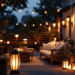A photograph of a beautifully illuminated outdoor space featuring a variety of stylish outdoor lamps in use