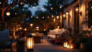 A photograph of a beautifully illuminated outdoor space featuring a variety of stylish outdoor lamps in use