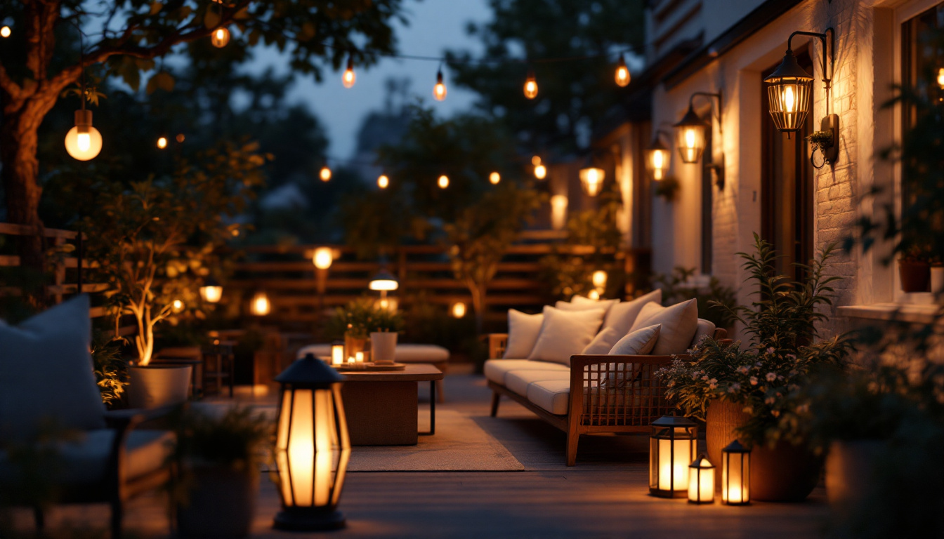 A photograph of a beautifully illuminated outdoor space featuring a variety of stylish outdoor lamps in use