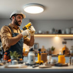 A photograph of a lighting contractor skillfully installing a recessed light conversion kit in a modern home setting