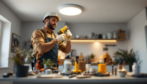 A photograph of a lighting contractor skillfully installing a recessed light conversion kit in a modern home setting