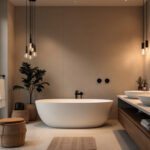 A photograph of a modern bathroom featuring stylish bath lights that highlight the space's ambiance