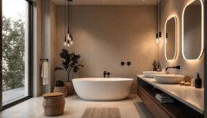 A photograph of a modern bathroom featuring stylish bath lights that highlight the space's ambiance