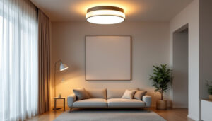 A photograph of a beautifully designed semi-flush ceiling light installed in a modern living space