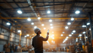 A photograph of a well-lit industrial space showcasing led high bay lights in action