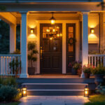 A photograph of a beautifully illuminated exterior porch showcasing a variety of stylish porch light fixtures