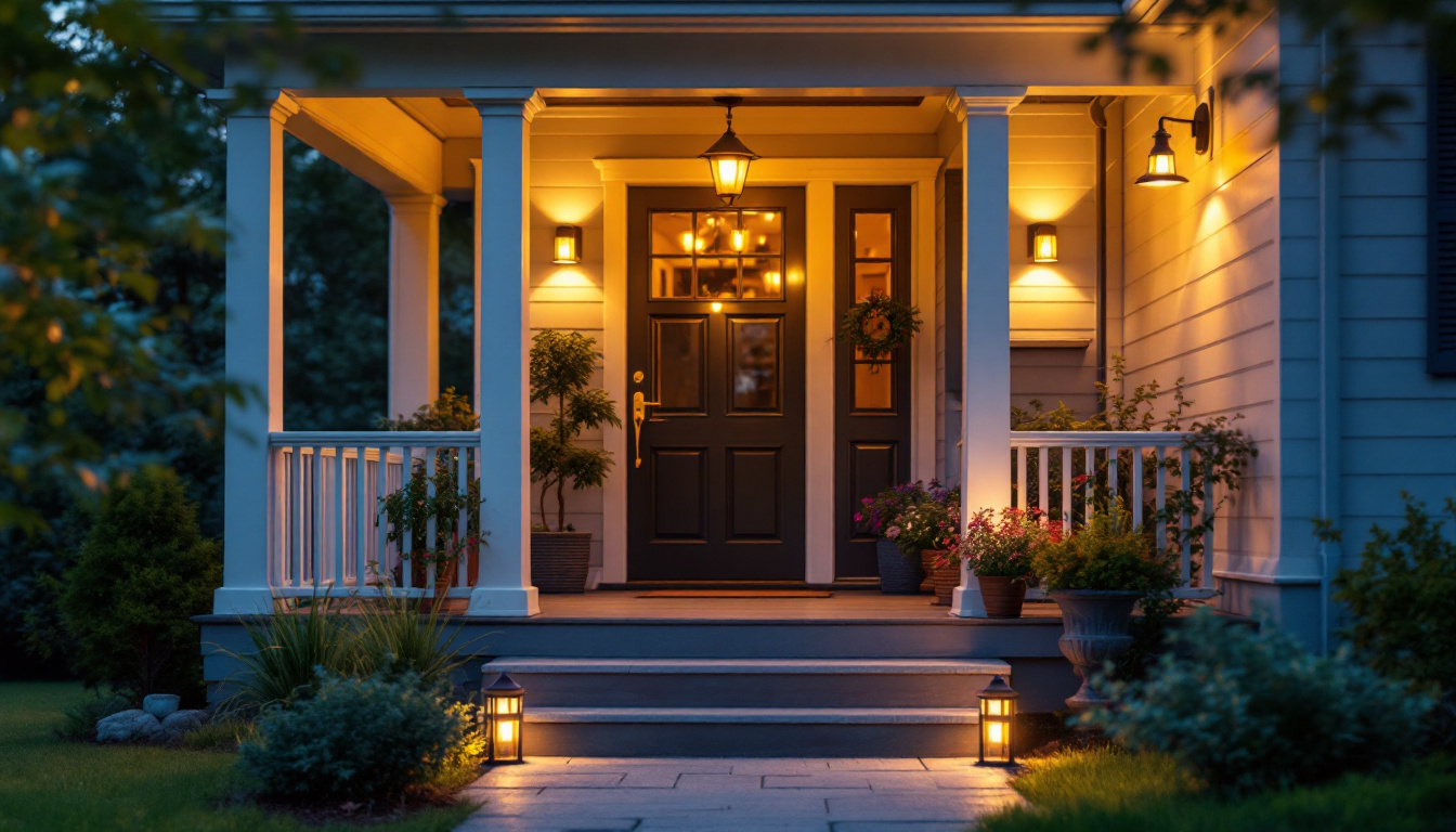 A photograph of a beautifully illuminated exterior porch showcasing a variety of stylish porch light fixtures