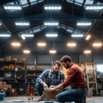 A photograph of a well-lit workshop or garage featuring multiple 8ft led shop lights installed overhead