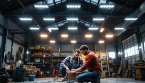 A photograph of a well-lit workshop or garage featuring multiple 8ft led shop lights installed overhead