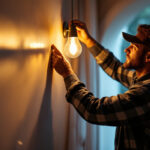 A photograph of a skilled lighting contractor expertly installing or adjusting house lights in a beautifully lit home interior