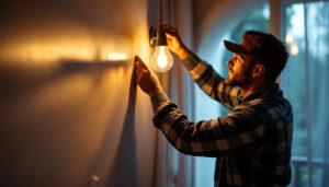 A photograph of a skilled lighting contractor expertly installing or adjusting house lights in a beautifully lit home interior