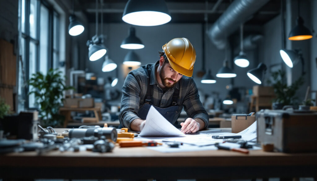A photograph of a skilled lighting contractor at work