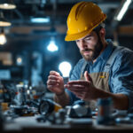 A photograph of a lighting contractor examining a type b bulb in a well-lit workshop