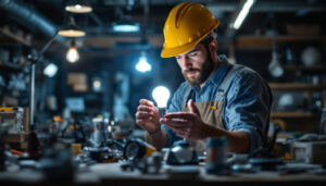 A photograph of a lighting contractor examining a type b bulb in a well-lit workshop
