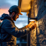 A photograph of a lighting contractor installing a modern security light on a residential property at dusk