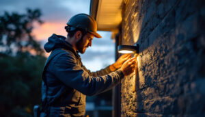 A photograph of a lighting contractor installing a modern security light on a residential property at dusk