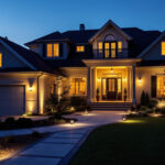 A photograph of a beautifully illuminated exterior home at dusk