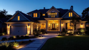 A photograph of a beautifully illuminated exterior home at dusk