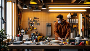 A photograph of a well-organized lighting contractor's workspace featuring an array of led tube lights
