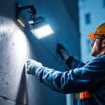 A photograph of a lighting contractor installing an outdoor flood light in a commercial setting