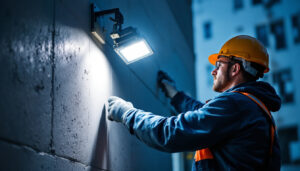 A photograph of a lighting contractor installing an outdoor flood light in a commercial setting