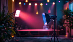 A photograph of a vibrant metal halide lighting setup in an indoor or outdoor environment