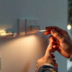 A photograph of a skilled lighting contractor expertly installing a modern electrical switch in a beautifully lit room