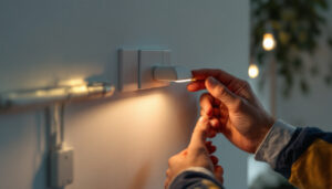 A photograph of a skilled lighting contractor expertly installing a modern electrical switch in a beautifully lit room