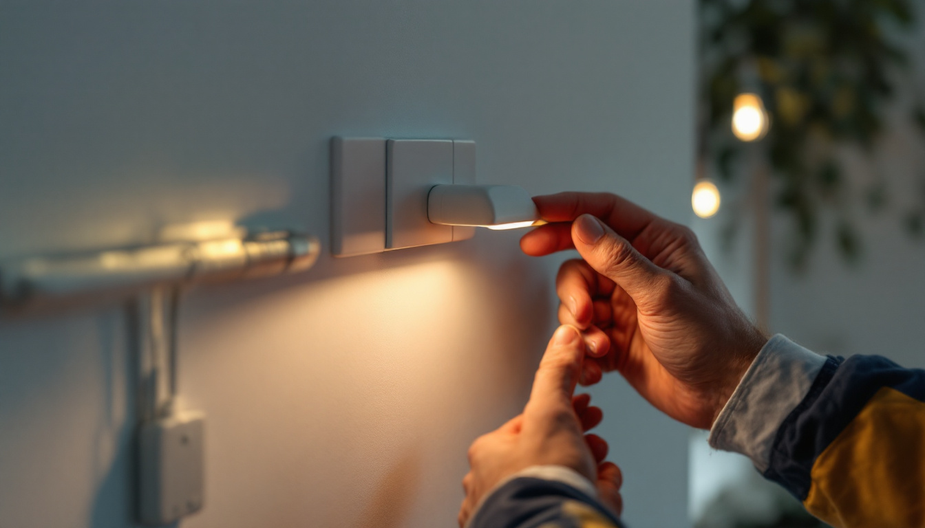 A photograph of a skilled lighting contractor expertly installing a modern electrical switch in a beautifully lit room