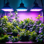 A photograph of a well-lit indoor garden showcasing various plants thriving under a spectrum of grow lights