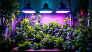 A photograph of a well-lit indoor garden showcasing various plants thriving under a spectrum of grow lights