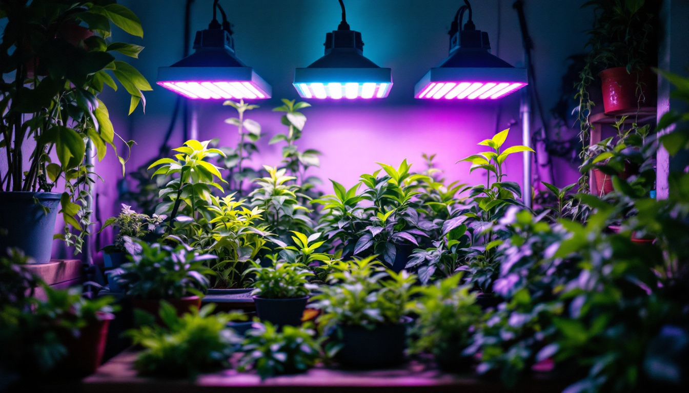 A photograph of a well-lit indoor garden showcasing various plants thriving under a spectrum of grow lights