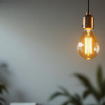 A photograph of a stylish pendant light fixture hanging in a modern interior setting