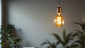 A photograph of a stylish pendant light fixture hanging in a modern interior setting