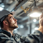 A photograph of a skilled electrician or lighting technician intently examining and installing a high-quality ballast in a commercial lighting fixture