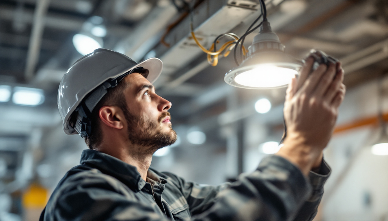 A photograph of a skilled electrician or lighting technician intently examining and installing a high-quality ballast in a commercial lighting fixture