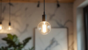 A photograph of a beautifully designed pendant light fixture hanging in a stylish interior setting