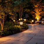 A photograph of a beautifully illuminated patio featuring stylish solar lights in various designs