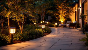 A photograph of a beautifully illuminated patio featuring stylish solar lights in various designs