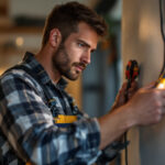 A photograph of a skilled lighting contractor working diligently to install or repair electric outlets in a residential or commercial setting